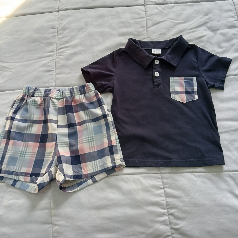 Navy Kids Polo with Plaid Pocket by [Brand]